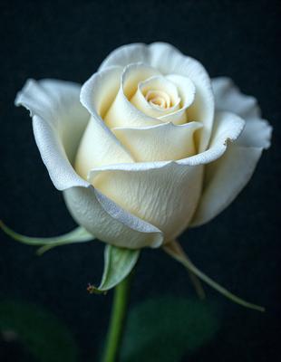 The primary subject of the image is a white rose. The rose is the main focus of the image, and it is displayed against a dark background. The visual style of the image is a close-up of the rose, showcasing its details and texture. The colors of the rose are predominantly white, creating a clean and elegant appearance. The overall atmosphere of the image is serene and beautiful, highlighting the beauty of the white rose.